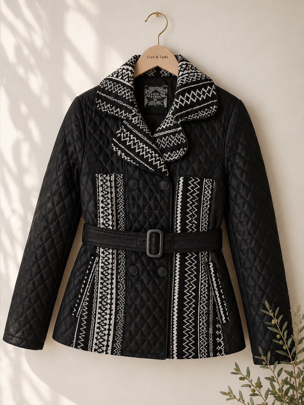 Coco & Tashi Faux Leather Quilted Wool-Print Belted Jacket | Size Small